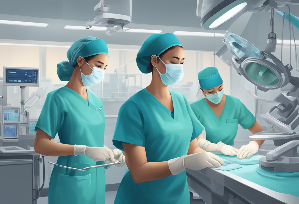 A scrub nurse and surgical tech work side by side in a sterile operating room, assisting the surgeon with instruments and maintaining a clean environment