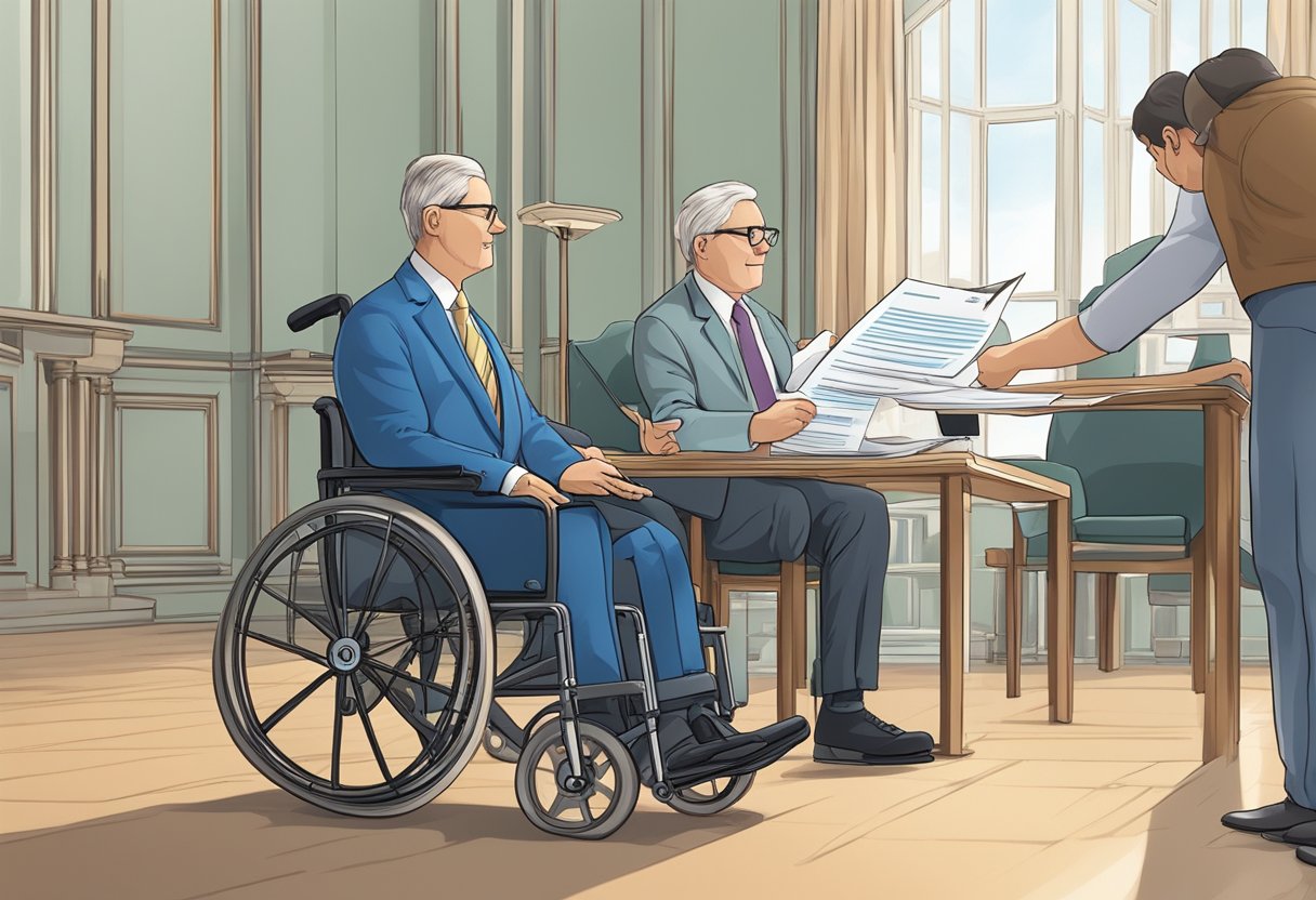 Paralisia: isenção de imposto de renda e seus direitos 2 A person in a wheelchair receiving a tax exemption document from a government official