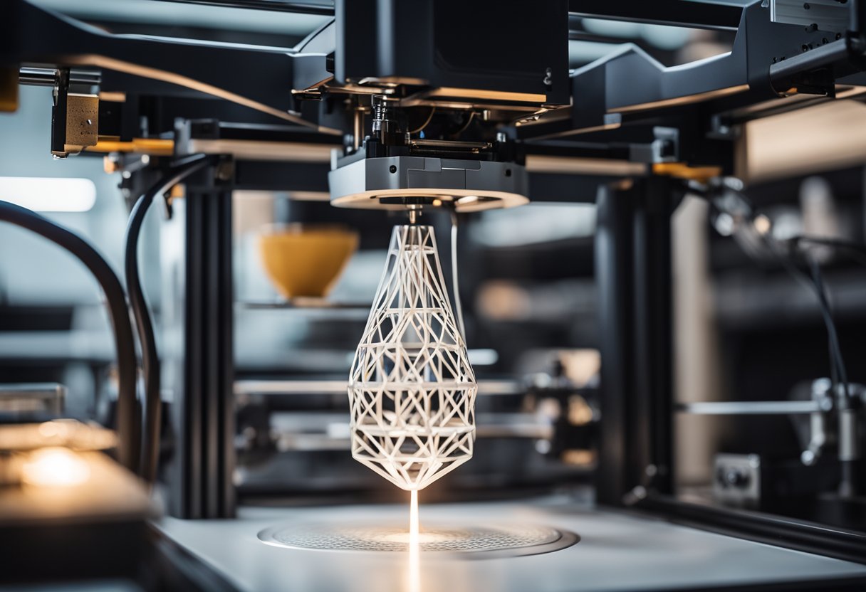 A 3D printer in action, creating intricate and functional objects. Various designs and prototypes surround the machine, showcasing the versatility of 3D printing technology