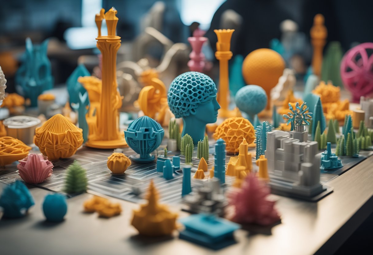 A colorful array of 3D printed sculptures and intricate designs on a sleek, modern worktable