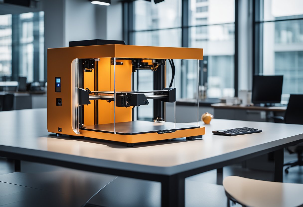 A 3D printer in a modern office setting, with various prototypes and finished products on display. A sleek and professional atmosphere, with the printer in action creating a detailed object