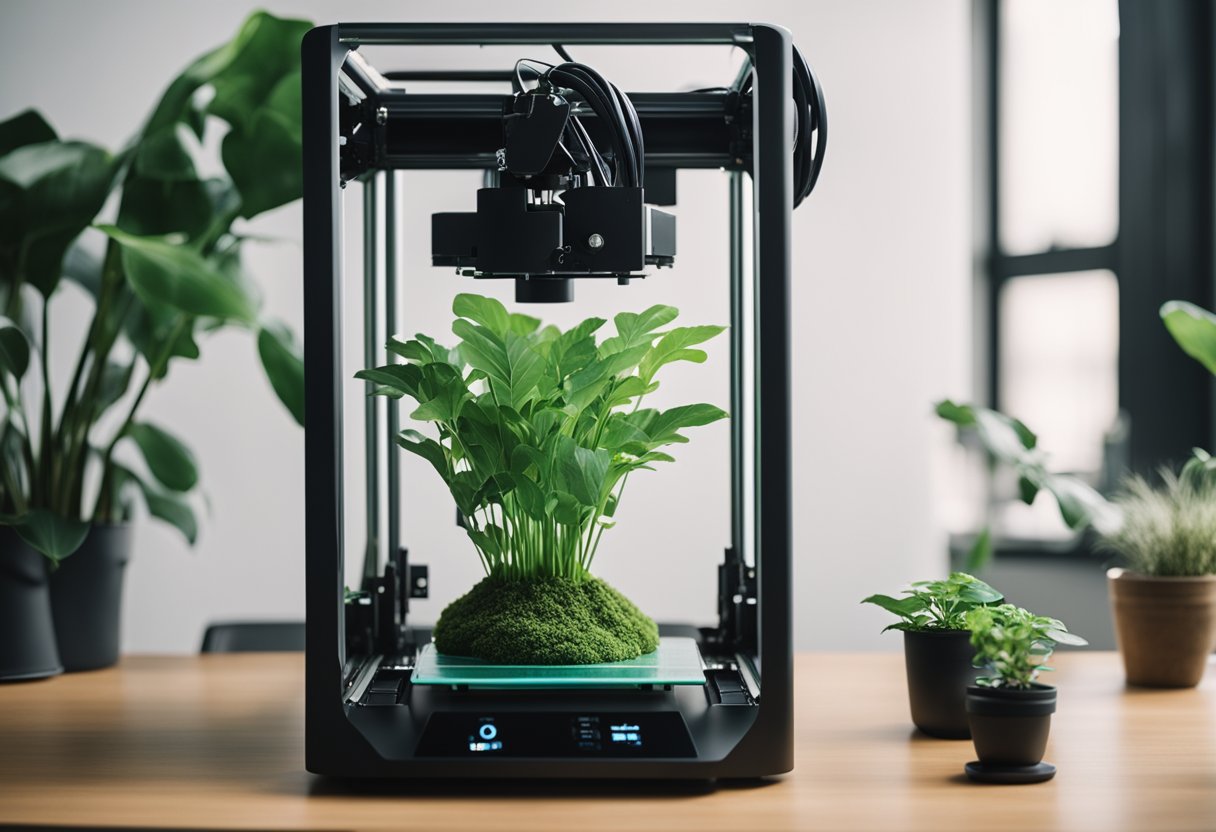 A 3D printer creating a biodegradable vase from plant-based materials