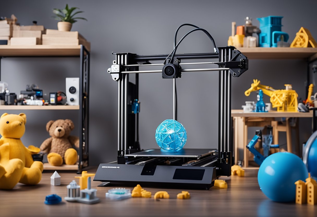 A 3D printer surrounded by various objects, such as toys, tools, and household items, with a question mark hovering above it