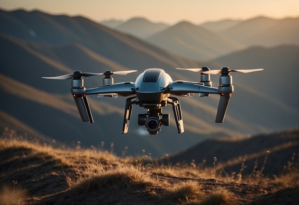 A vast, futuristic landscape with autonomous drones flying above, controlled by advanced AI technology