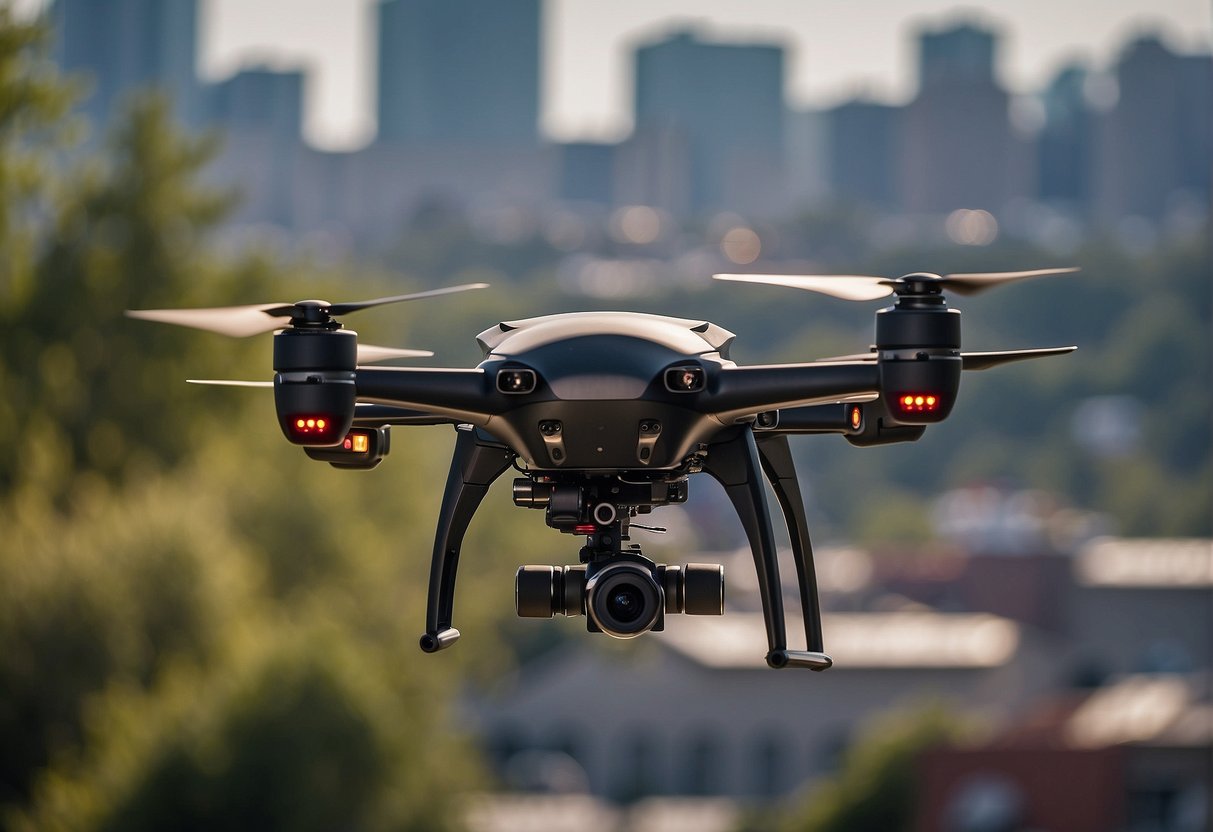 An autonomous drone hovers over a city, scanning for potential safety hazards and adhering to ethical guidelines