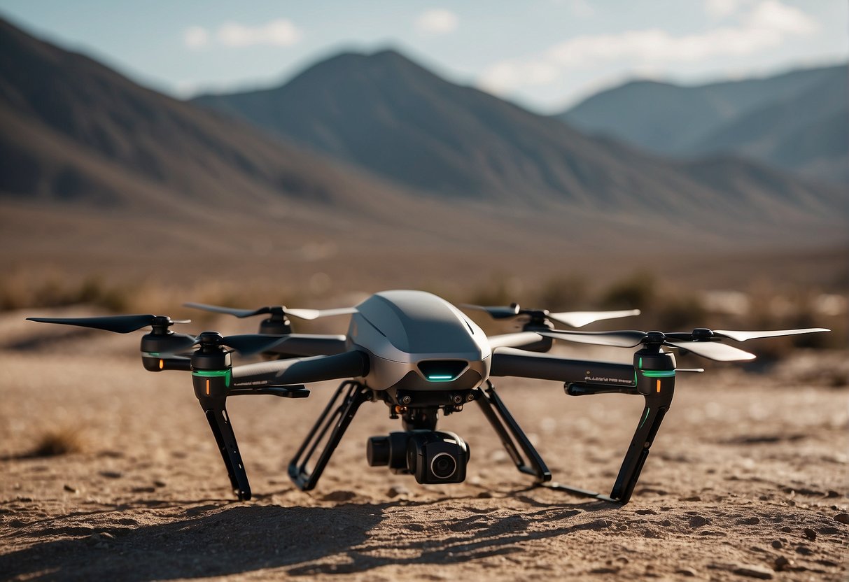 A fleet of autonomous drones and AI units strategically deployed across a barren landscape, ready to defend against potential threats