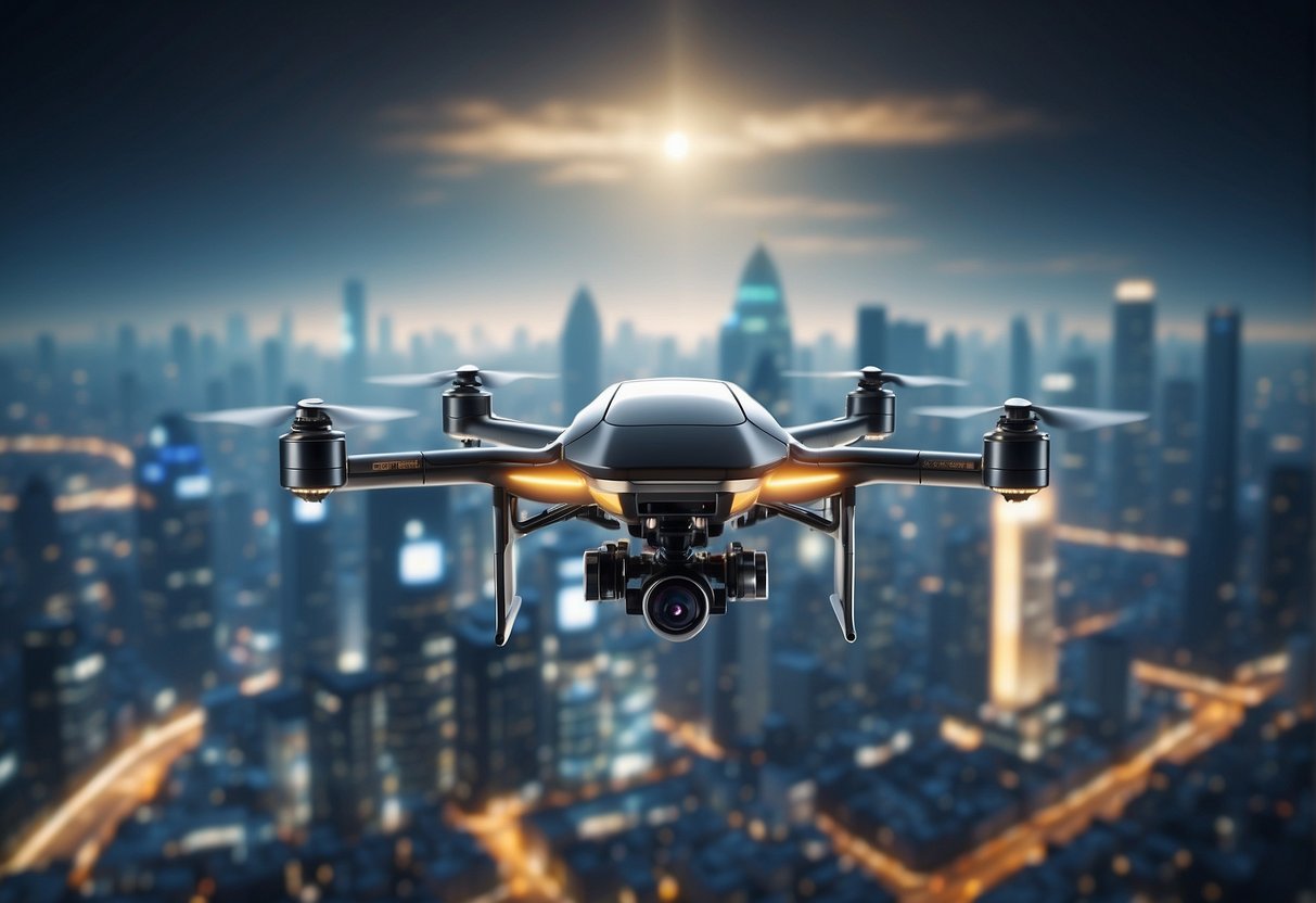 A futuristic city skyline with autonomous drones flying in organized patterns, seamlessly integrating with AI systems. Legislation documents in the foreground symbolize the complex legal framework governing UAV technology