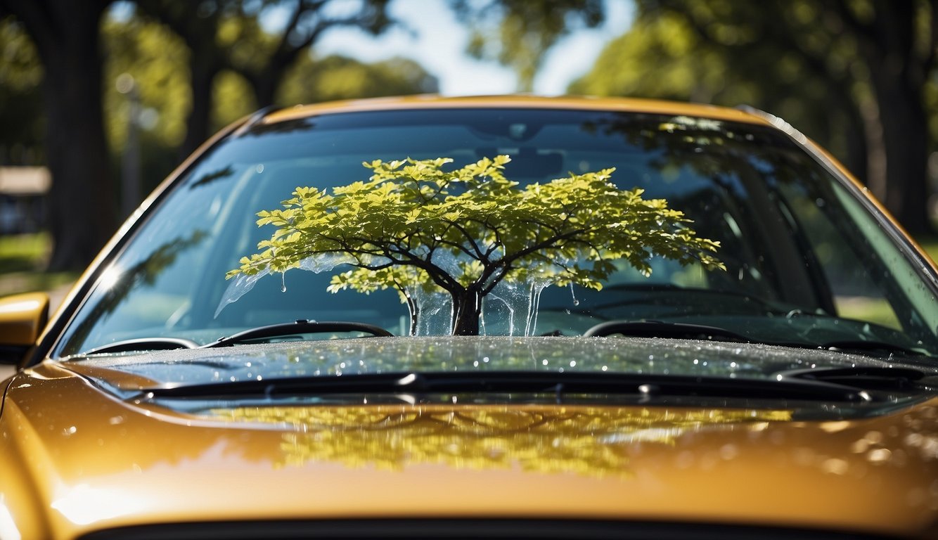 A car parked under a tree with sticky tree sap dripping onto the hood and windshield, causing a glossy, translucent effect on the paint
