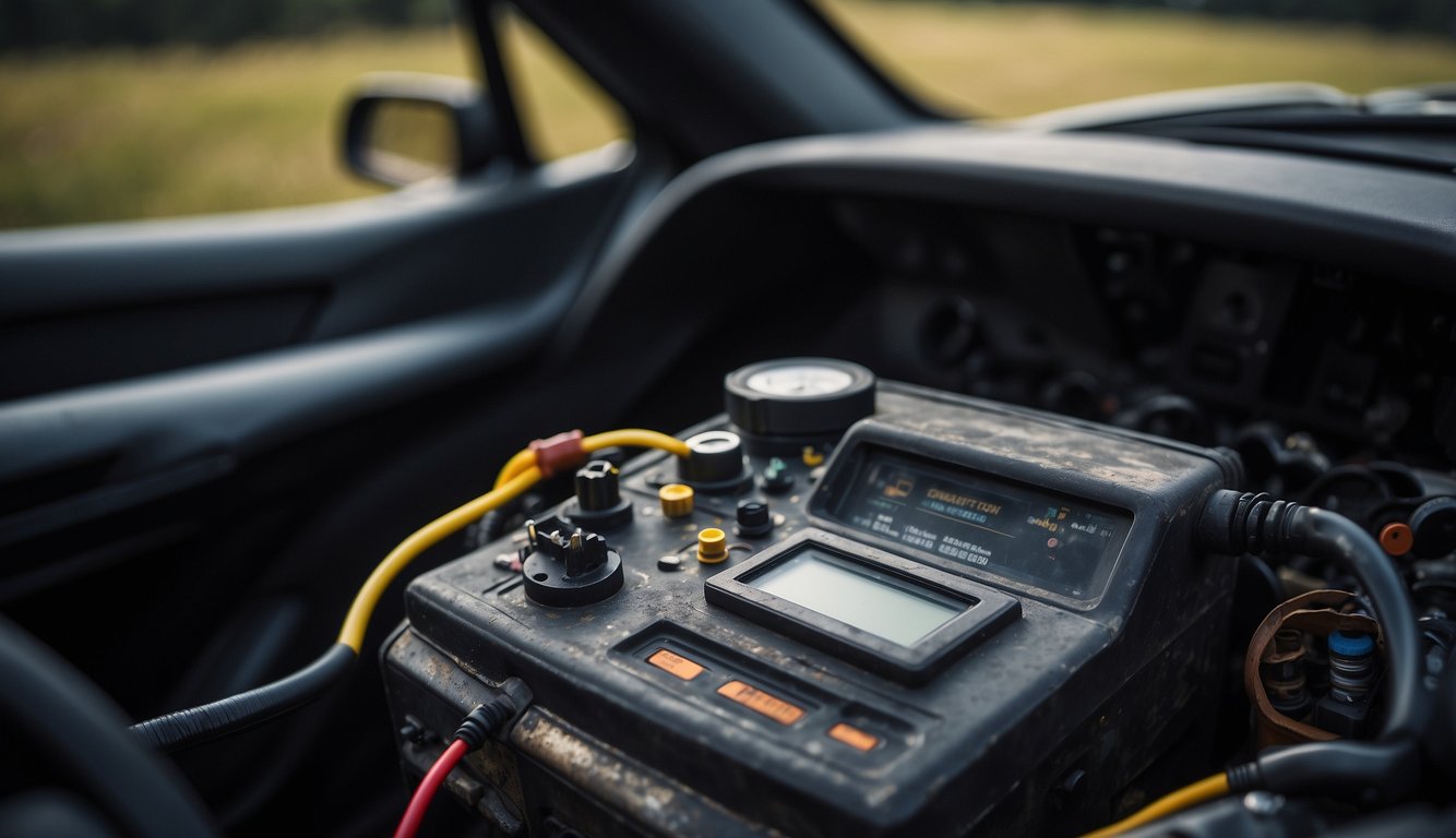 A car with a hood popped open, showing a corroded battery and a multimeter testing the voltage
