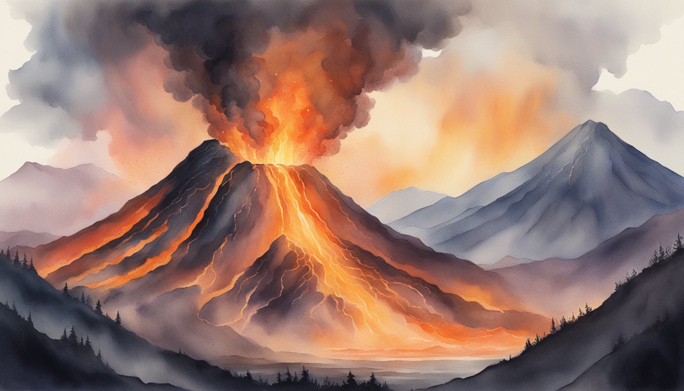 Molten lava spews from a volcano, creating a fiery cascade.</p><p>Smoke and ash billow into the sky, while nearby mountains tremble from the powerful eruption