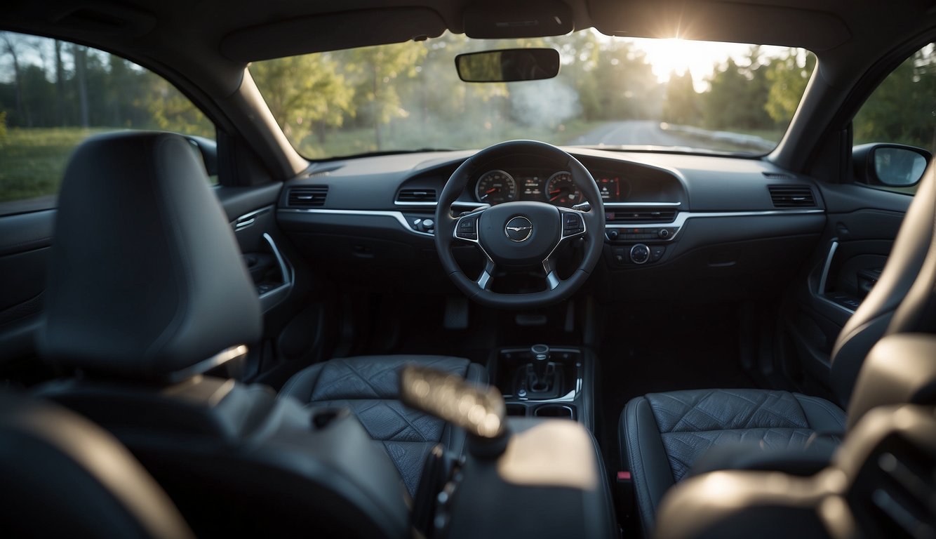 The car interior is filled with smoke odor. Windows are open, and air freshener is hanging from the rearview mirror. A vacuum and upholstery cleaner sit nearby