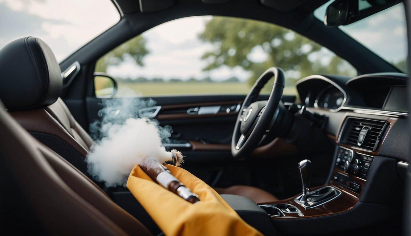 A car interior with open windows, a vacuum cleaner, and air fresheners removing cigar smell