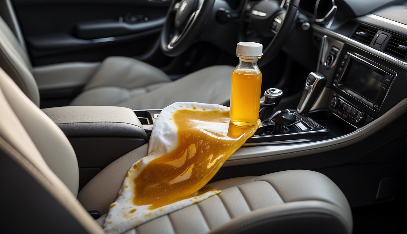 A spilled drink on a car seat, with a visible stain and the process of using a cleaning solution and cloth to remove it