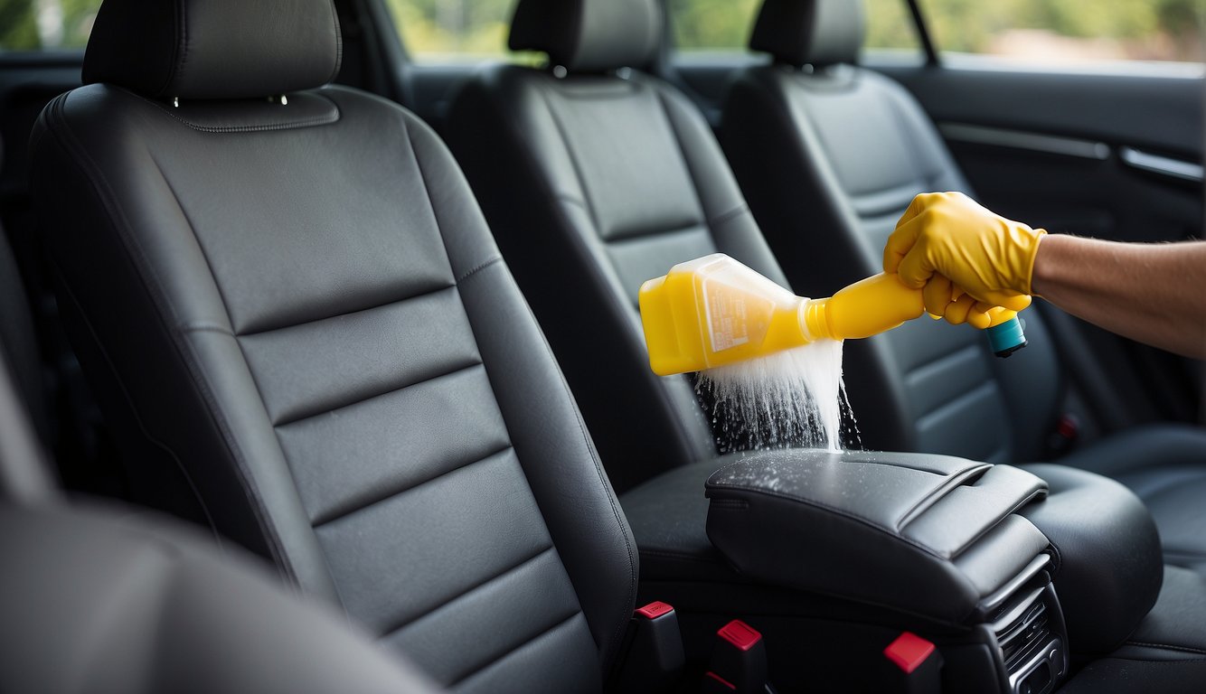 A foam cleaner sprays onto the car seat, as a brush vigorously scrubs away at a stubborn stain. The fabric becomes visibly cleaner, with the dirt and grime lifting off the surface