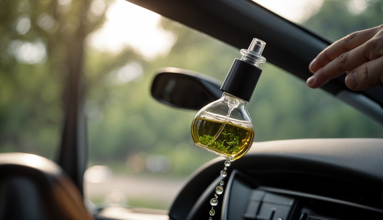 A hand pours essential oils into a spray bottle. A car dashboard and hanging air freshener are visible in the background