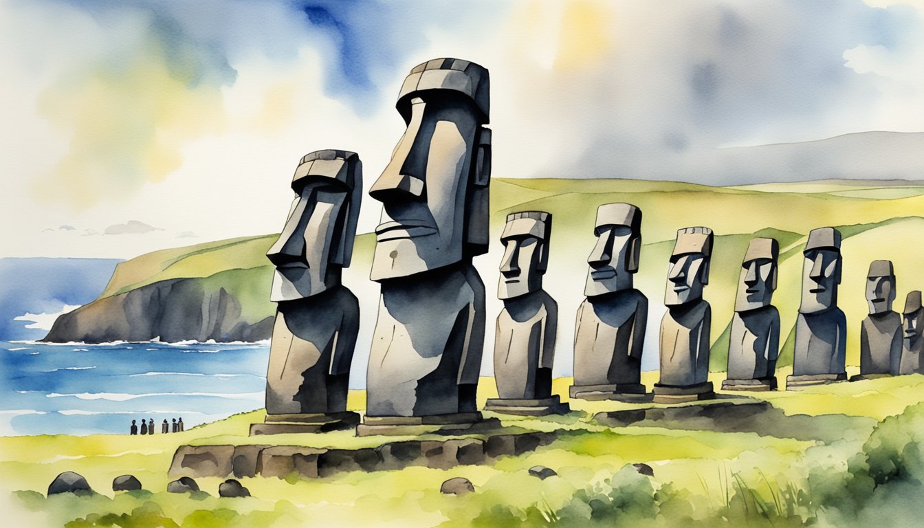 The Moai stand tall on Easter Island, surrounded by the Rapa Nui Society.</p><p>The ancient stone statues overlook the landscape, with the ocean in the background