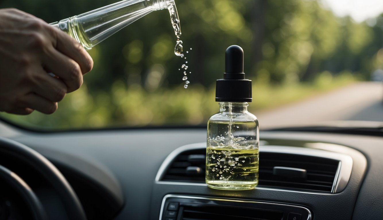 A hand pours essential oils into a spray bottle, adding water and shaking. The bottle is placed in a car, freshening the air