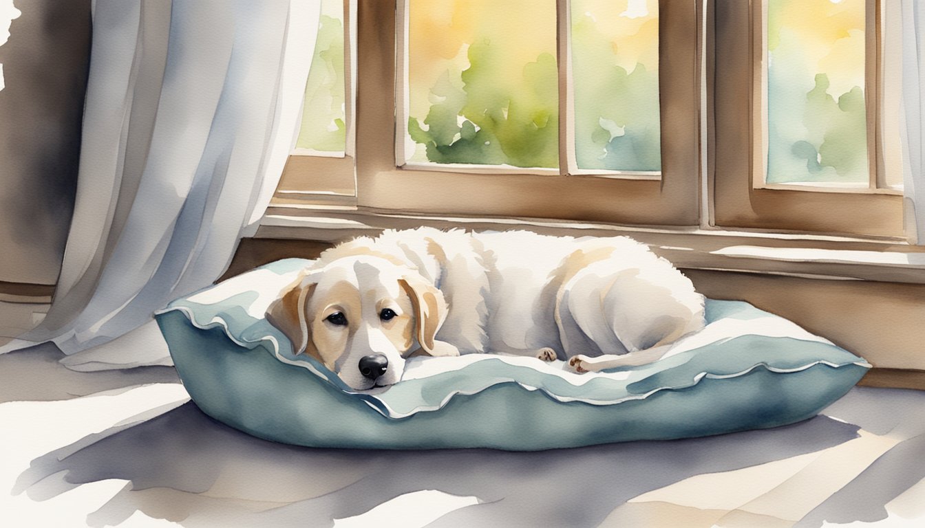 A dog bed with fresh linens, a bowl of baking soda, and an open window with a breeze