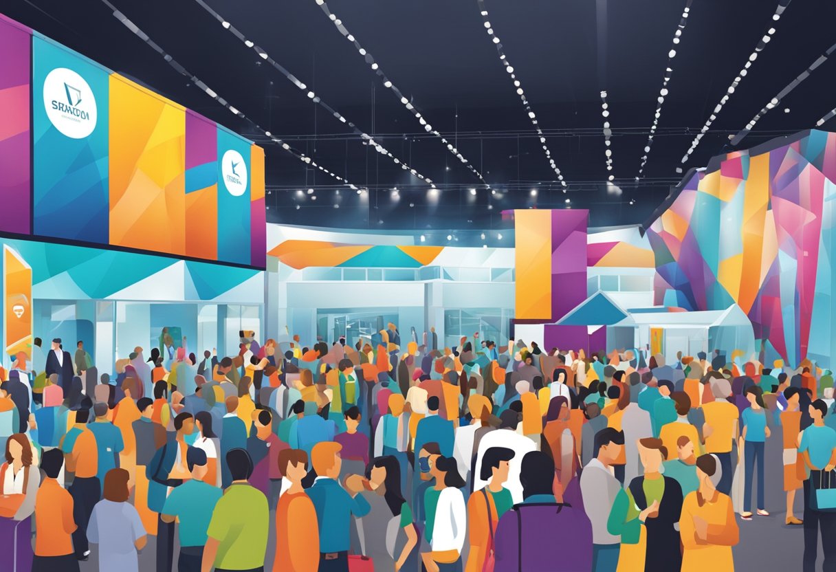 A large trade show banner hangs above a bustling crowd, showcasing bold graphics and vibrant colors to attract attention