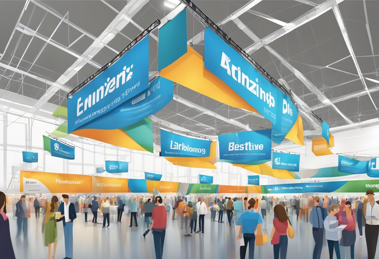 A large hanging banner is suspended above a bustling trade show floor, with clear sight lines and easy access for attendees