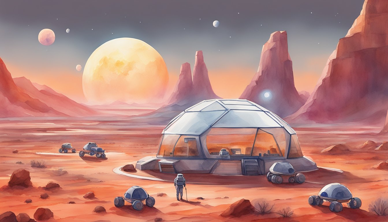 A red planet landscape with a futuristic habitat, solar panels, and rovers exploring the terrain