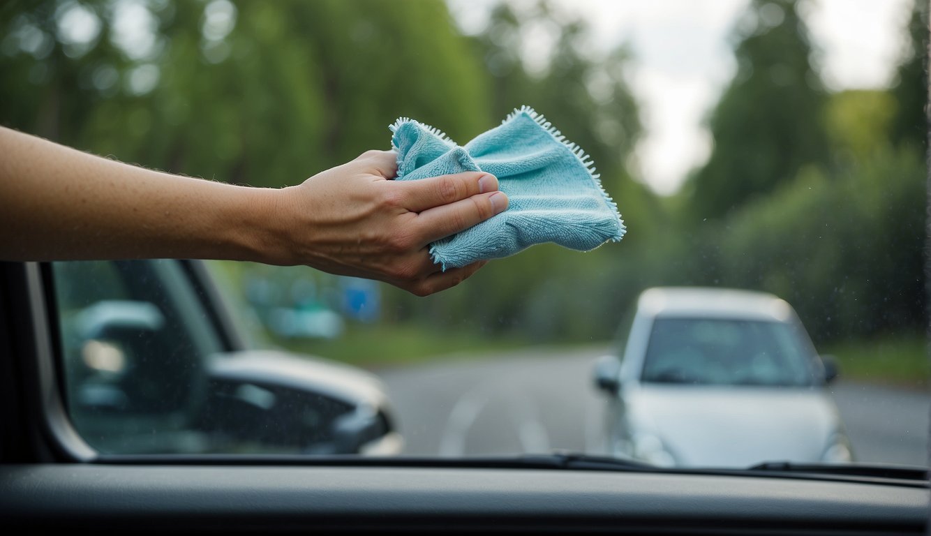 A hand holding a microfiber cloth wipes car windows in a circular motion, removing dirt and grime, leaving behind a streak-free, sparkling clean surface