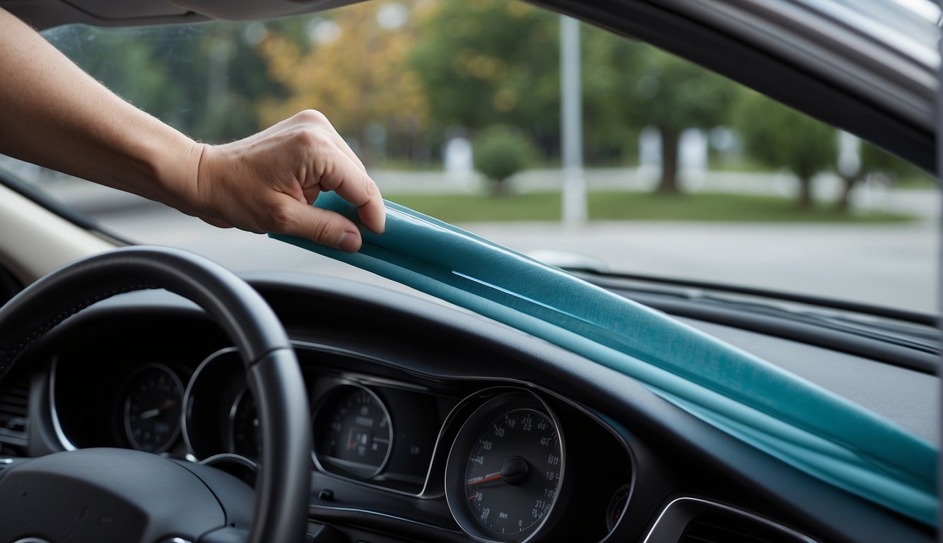 A squeegee glides across a car window, leaving behind a streak-free shine. A microfiber cloth buffs away any remaining smudges, leaving the glass crystal clear