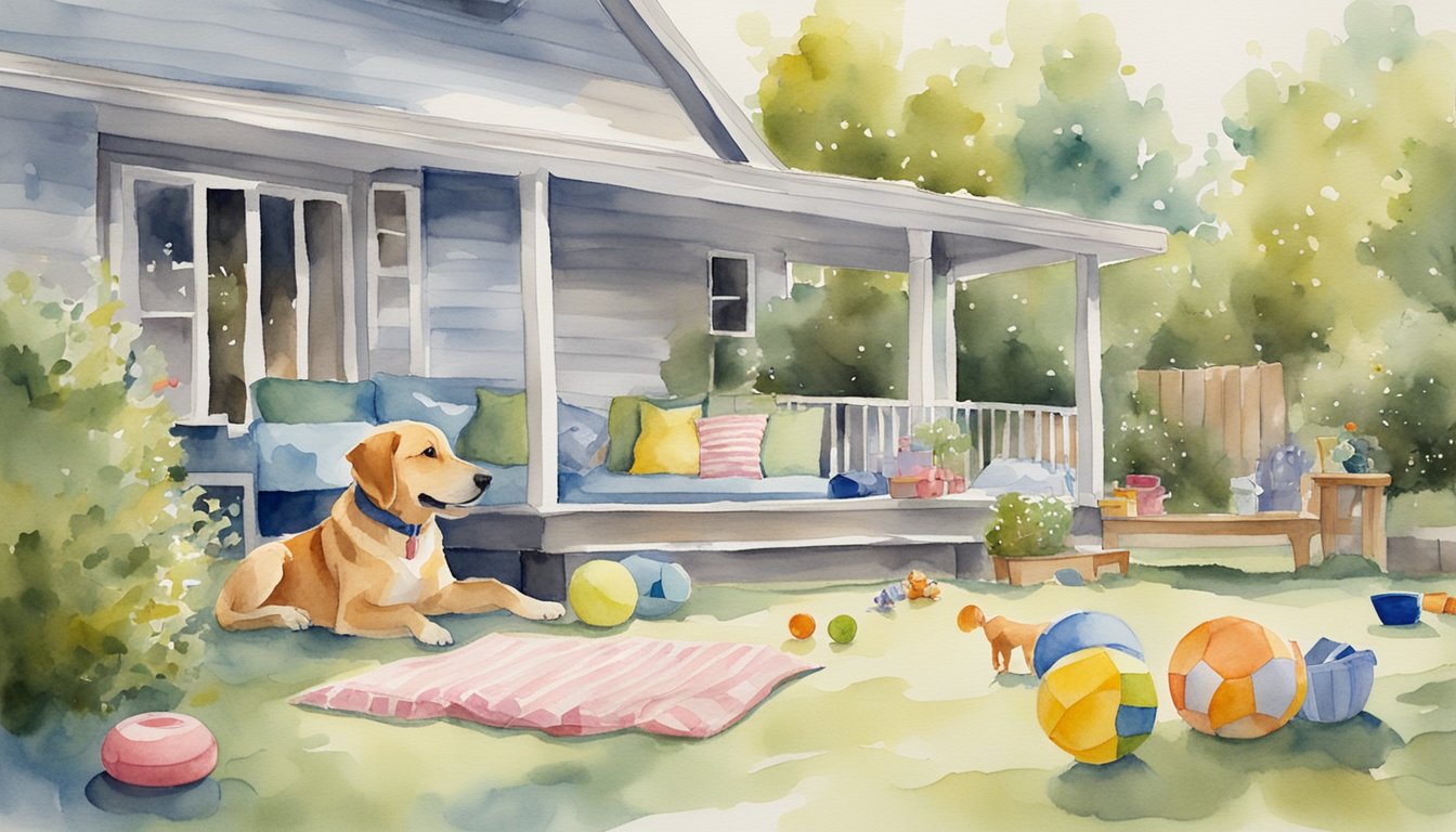 A dog playing in a spacious backyard with toys and a comfortable bed, surrounded by a loving family