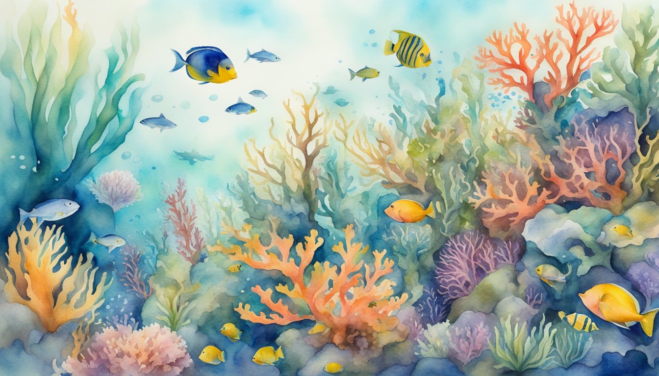 A vibrant coral reef teeming with diverse marine life, including colorful fish, intricate coral formations, and swaying seaweed.</p><p>The water is clear and teeming with life