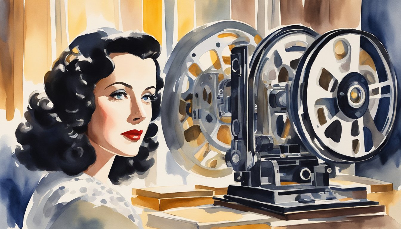 Hedy Lamarr gazes at a movie camera, surrounded by film reels and scripts.</p><p>A bright spotlight illuminates the set, capturing her early life and film career