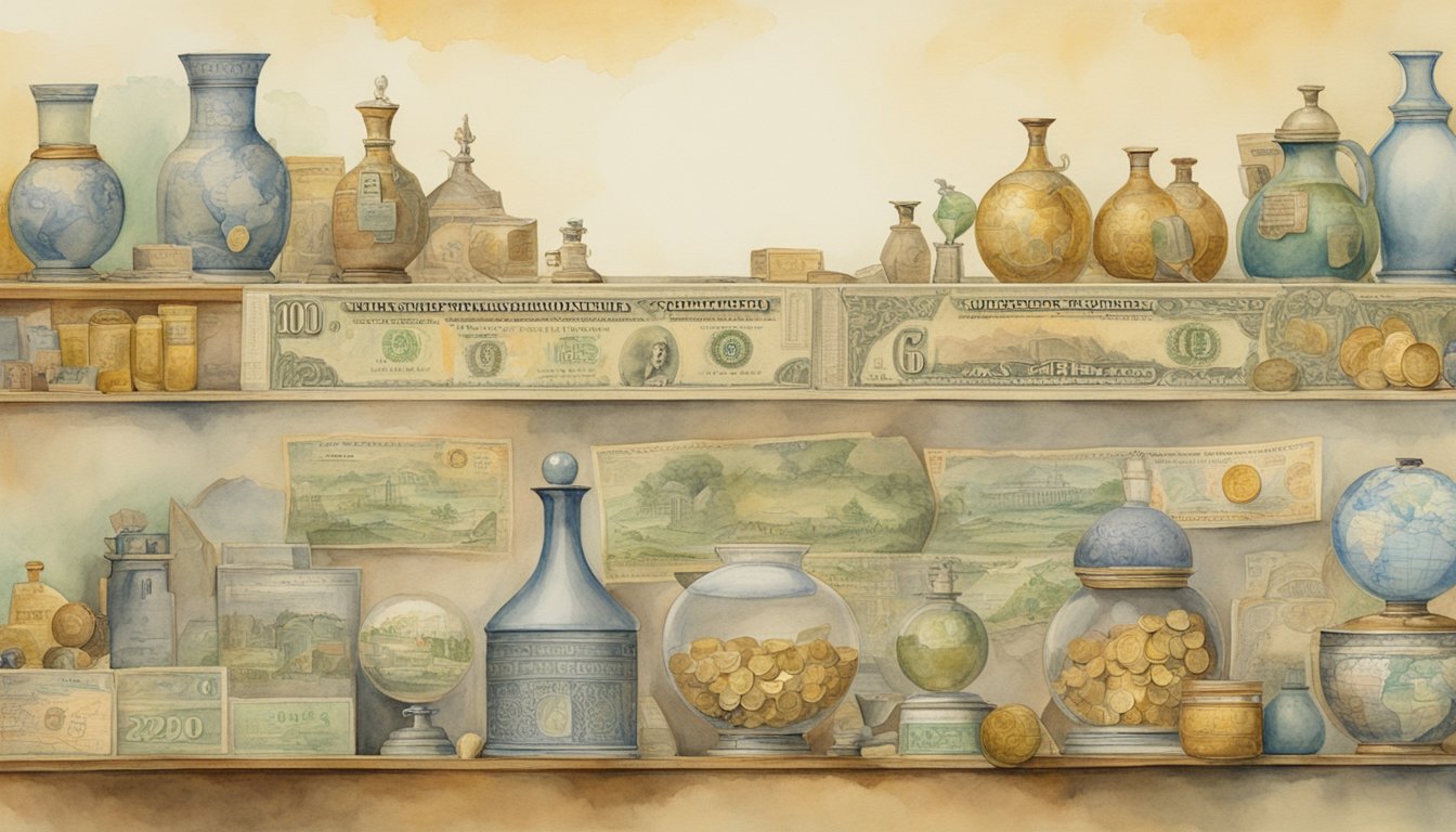 A timeline of money: from bartering to coins and paper currency, showing the evolution of trade and commerce