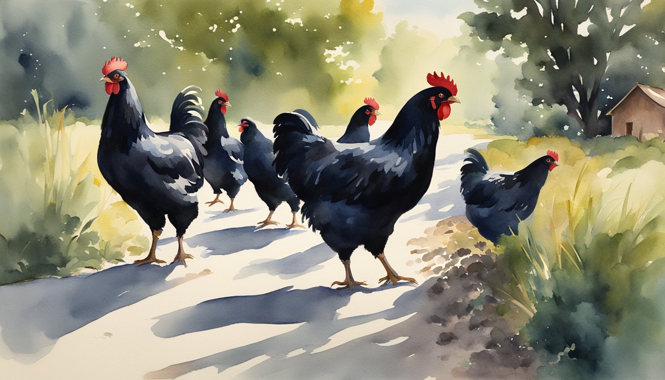 A flock of all-black chickens roam freely in a rural setting, symbolizing cultural and practical significance.</p><p>Their sleek feathers glisten in the sunlight, showcasing their unique and revered presence in the community