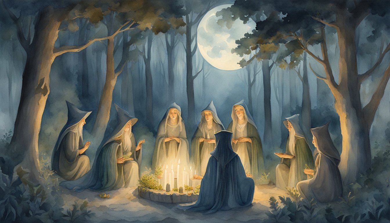 A group of witches gather in a moonlit forest, surrounded by candles and herbs.</p><p>They chant and perform rituals, invoking ancient deities and spirits