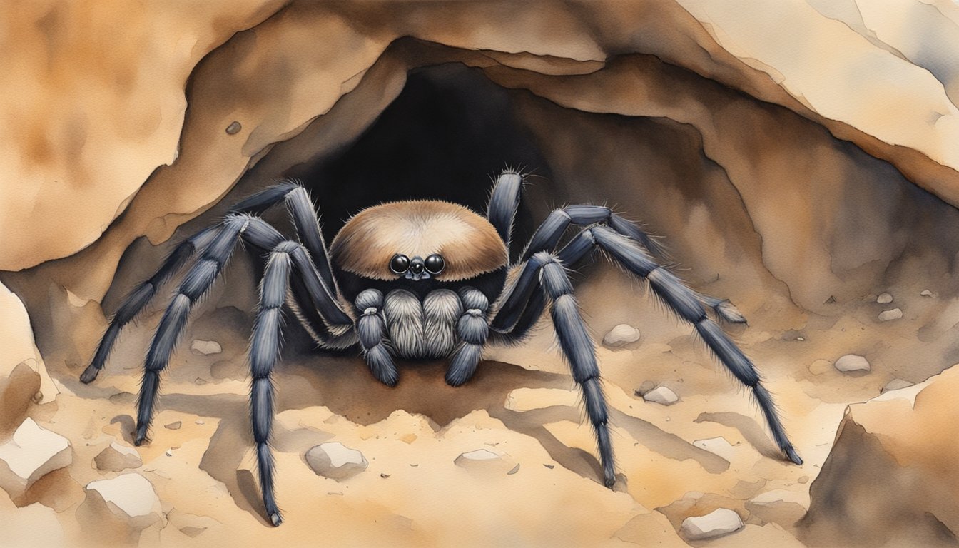 The Giant Trapdoor Spider emerges from its burrow, showcasing its impressive size and distinctive markings.</p><p>The Australian landscape provides a backdrop, with dry, sandy soil and scattered vegetation