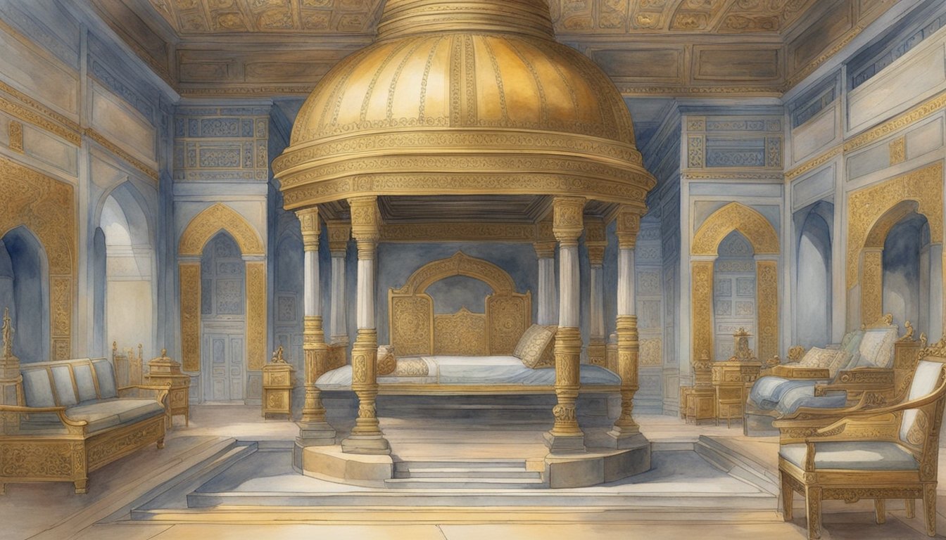 The tomb is filled with treasures - golden jewelry, intricate pottery, and ornate furniture.</p><p>The artifacts are carefully arranged, creating a sense of opulence and grandeur