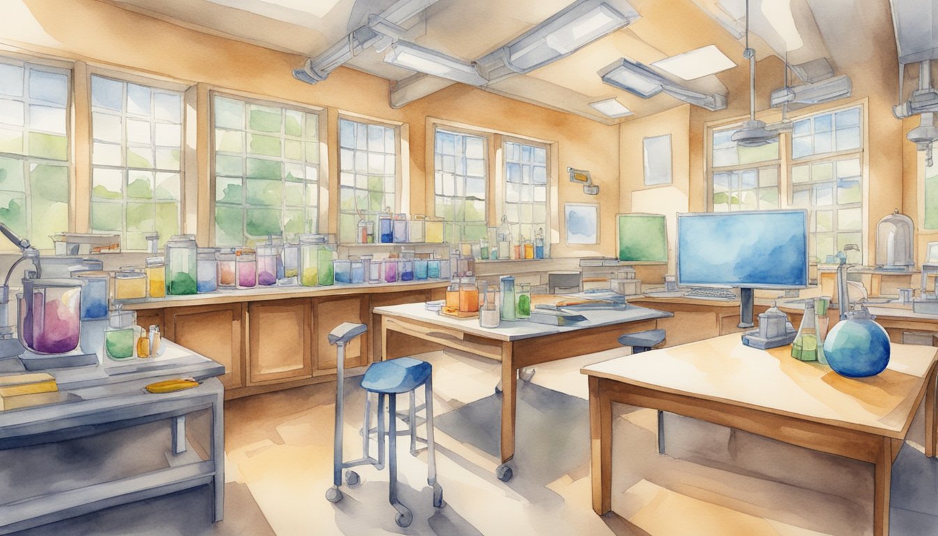 A classroom with science equipment, art supplies, technology tools, and engineering materials arranged in an organized and inviting manner