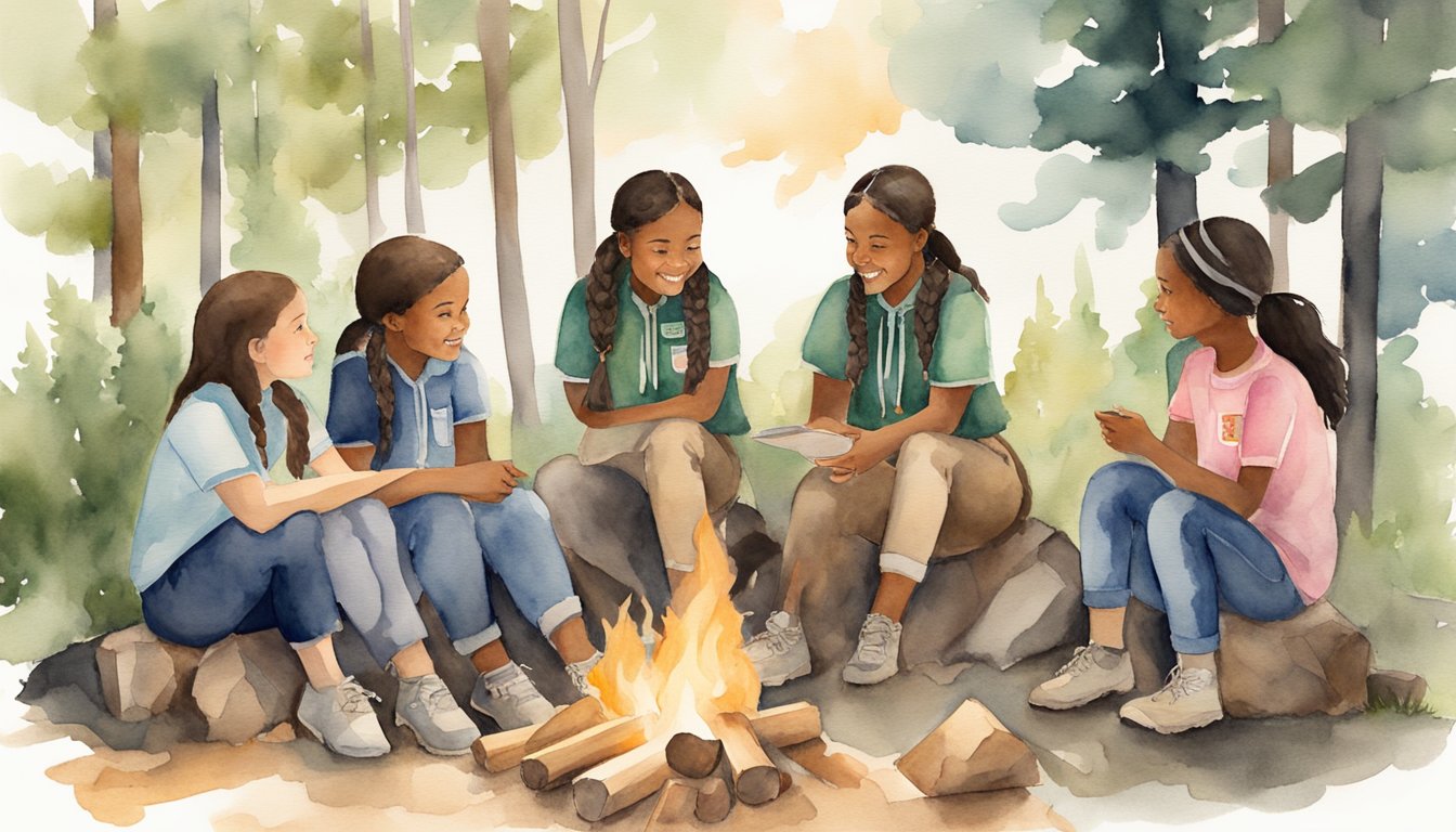 A group of girls gather around a campfire, learning outdoor skills and leadership.</p><p>A trailblazing woman guides them, symbolizing the foundation and growth of Girl Scouts