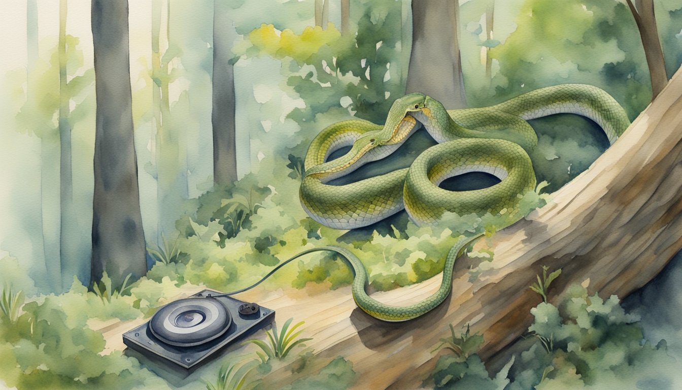 A snake coils near a vibrating speaker, reacting to sound.</p><p>Nearby prey flees, impacting the ecosystem