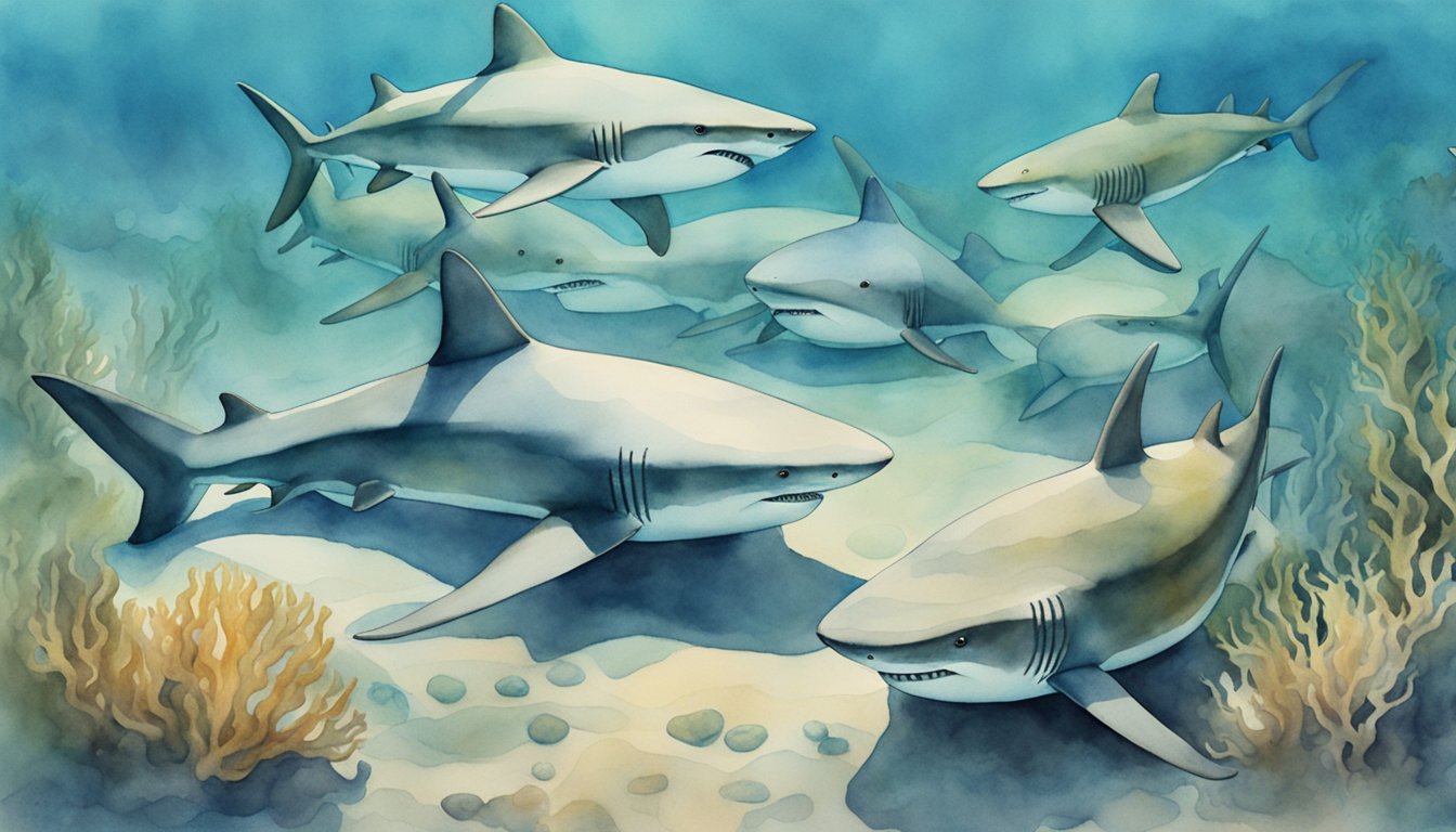 A group of sharks resting on the ocean floor, their bodies still and their gills gently moving as they sleep