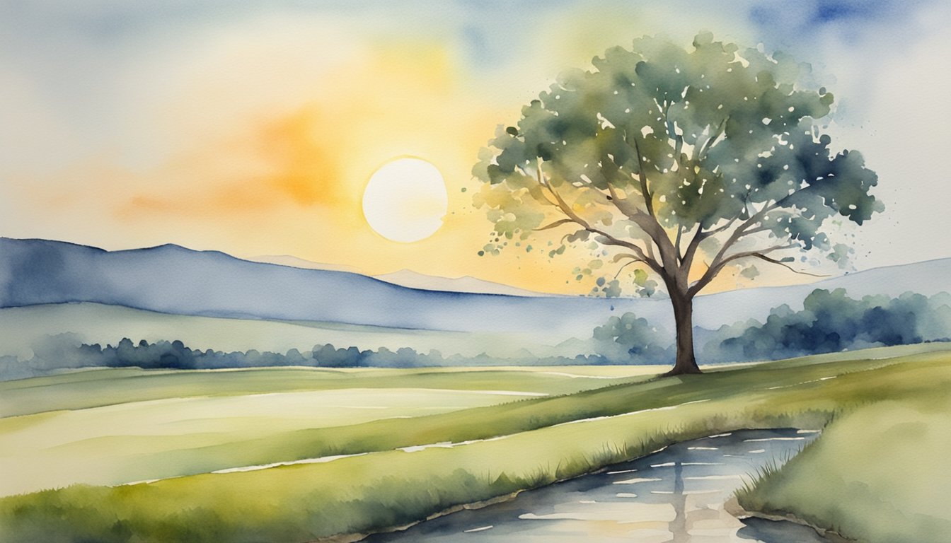 A serene, open field with a lone tree, symbolizing emptiness.</p><p>A small stream flows, representing the search for healing.</p><p>The sun sets, signifying hope and coping