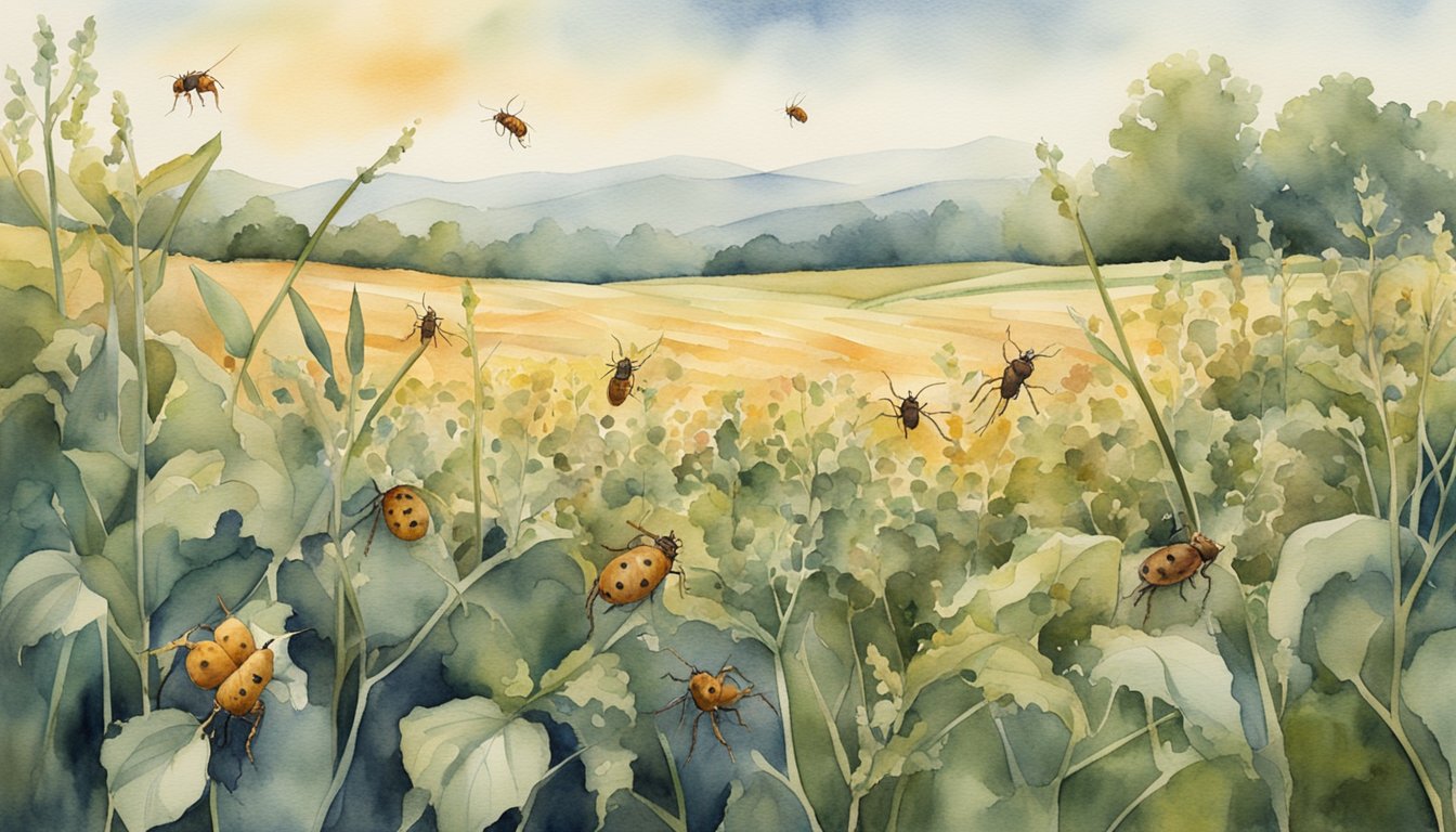 Maybugs swarm over a field, devouring crops and leaving plants wilted.</p><p>Their presence disrupts the natural balance, impacting the environment