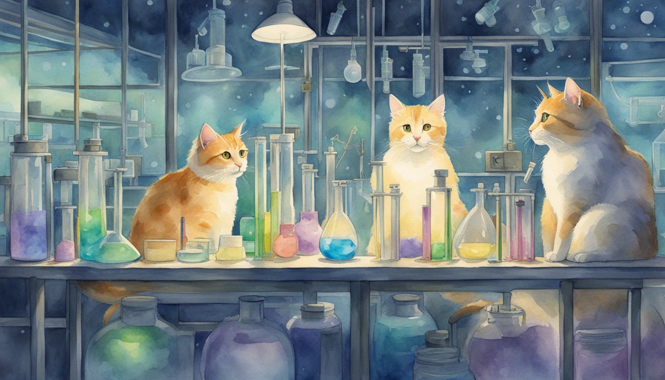 Glowing cats in a lab setting with test tubes and scientific equipment, surrounded by ethical debate and scrutiny