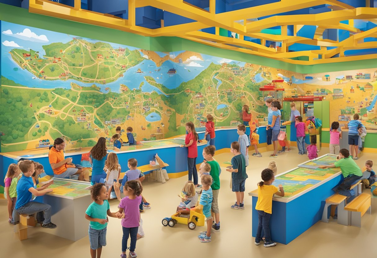 Brightly colored signs and maps line the walls of the Visitor Information area at Legoland Discovery Center, with families and children eagerly planning their day