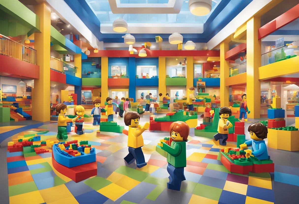 Children laughing and playing in Legoland Discovery Center, surrounded by colorful Lego displays and interactive exhibits