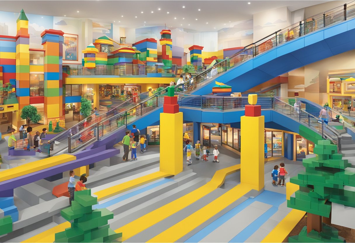 Brightly colored ramps and railings guide visitors through Legoland Discovery Center, ensuring safety and accessibility for all