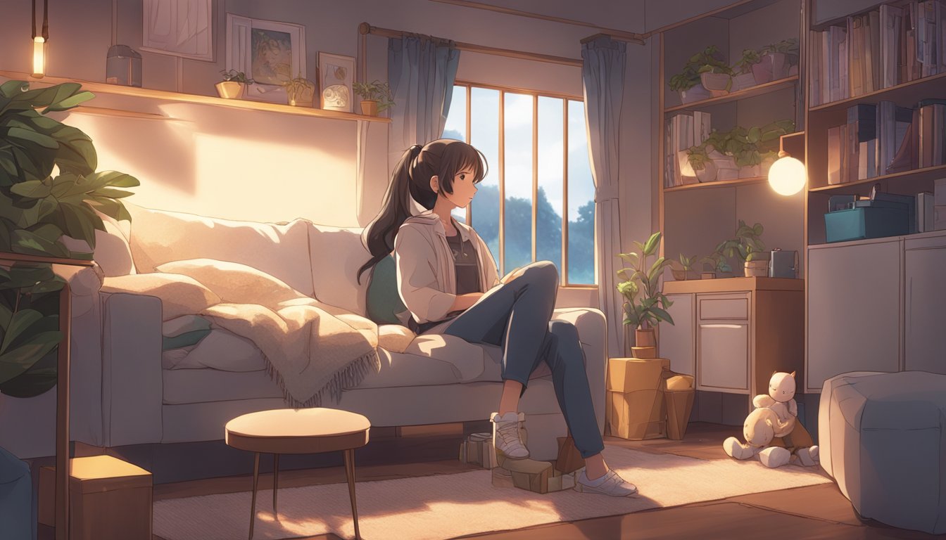 A person sits in a cozy room, surrounded by soft lighting and comforting decor. A sex doll is positioned nearby, exuding a sense of calm and support