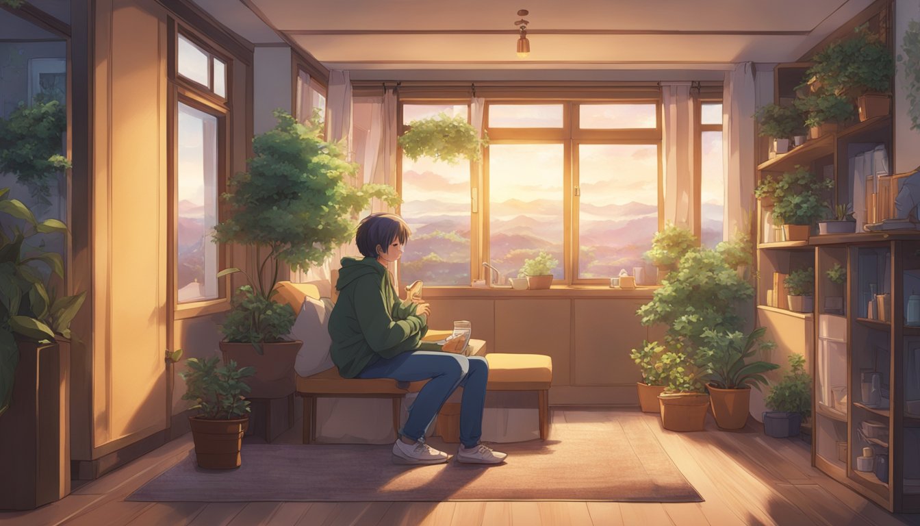 A person sits in a cozy room, talking and listening to a supportive figure. Both are engaged in deep conversation, surrounded by a warm and comforting atmosphere