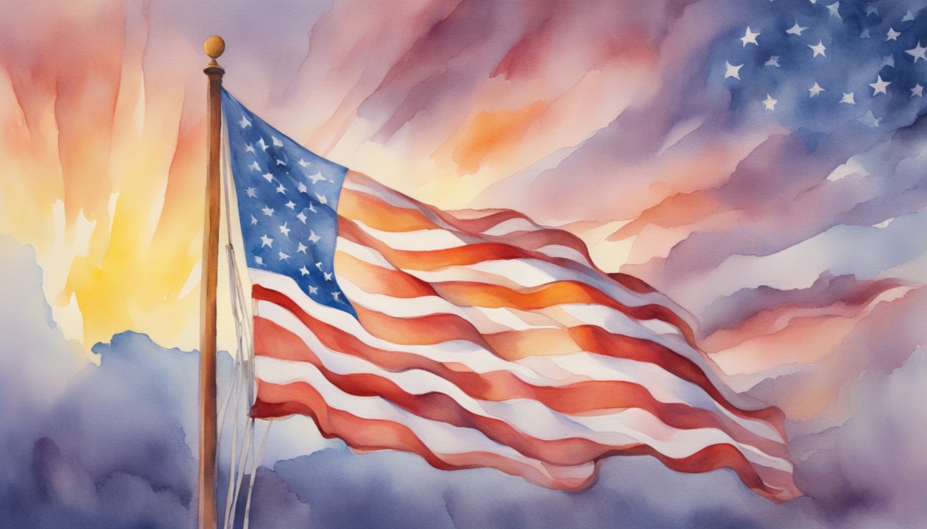 The American flag flies proudly in the wind, its stars and stripes representing freedom and unity.</p><p>Sunrise casts a warm glow on the fabric