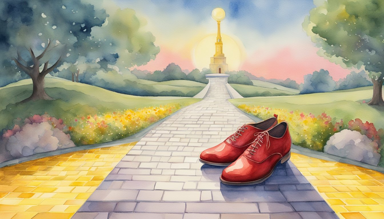 A pair of sparkling red shoes sits on a pedestal, surrounded by a glowing aura.</p><p>A yellow brick road winds off into the distance, leading to a mysterious and magical land