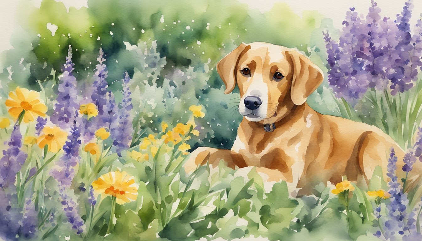 A dog playing in a lush, green garden with blooming flowers, surrounded by a barrier of natural flea and tick prevention plants like lavender, rosemary, and marigold